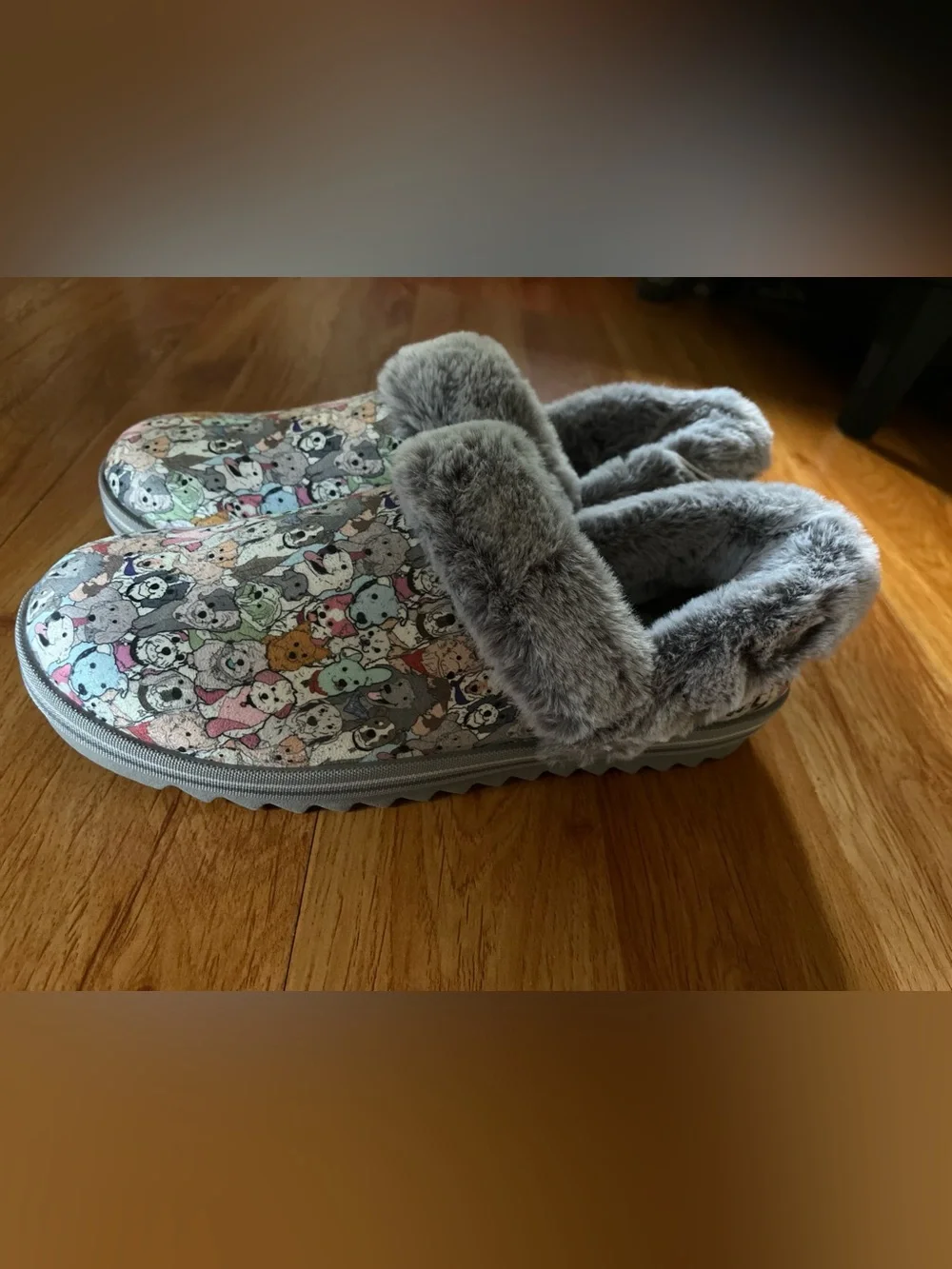 BOBS from Skechers Gray Plush Clog Slippers with Multicolor Puppy Pattern